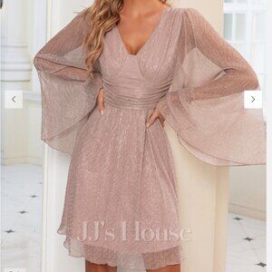 JJ"s Pleated Sequins V-Neck A-line Tulle Mini Dress (Pink, M)